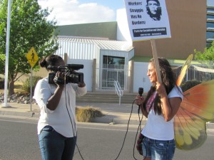 Generation Justice Alumna Avicra Luckey (left) interviewing current youth producer Luna Olavarria-Gallegos (right) at the 2013 Immigration & May Day March and Rally in Albuquerque, N.M.